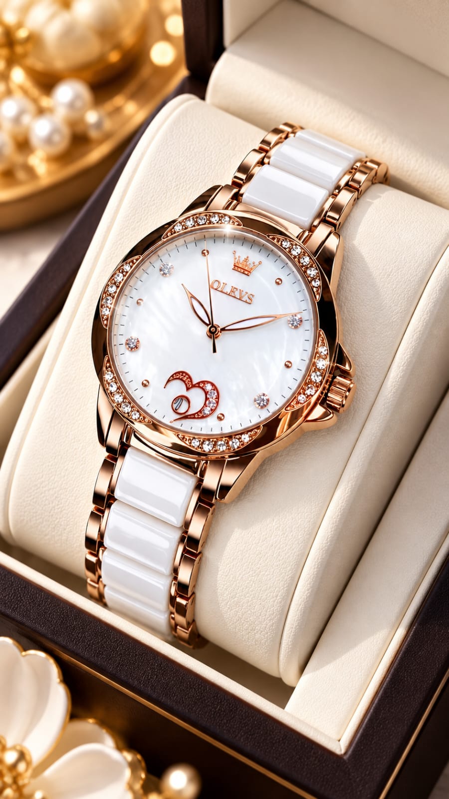OLEVS Ceramic & Rose Gold Quartz Watch