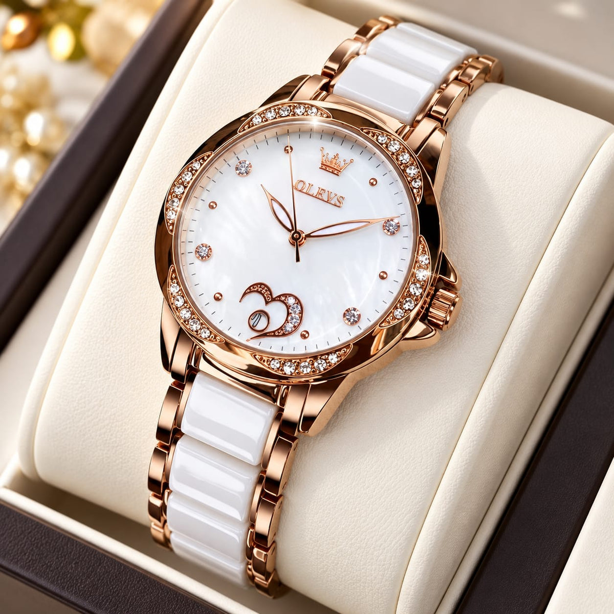 OLEVS Ceramic & Rose Gold Quartz Watch